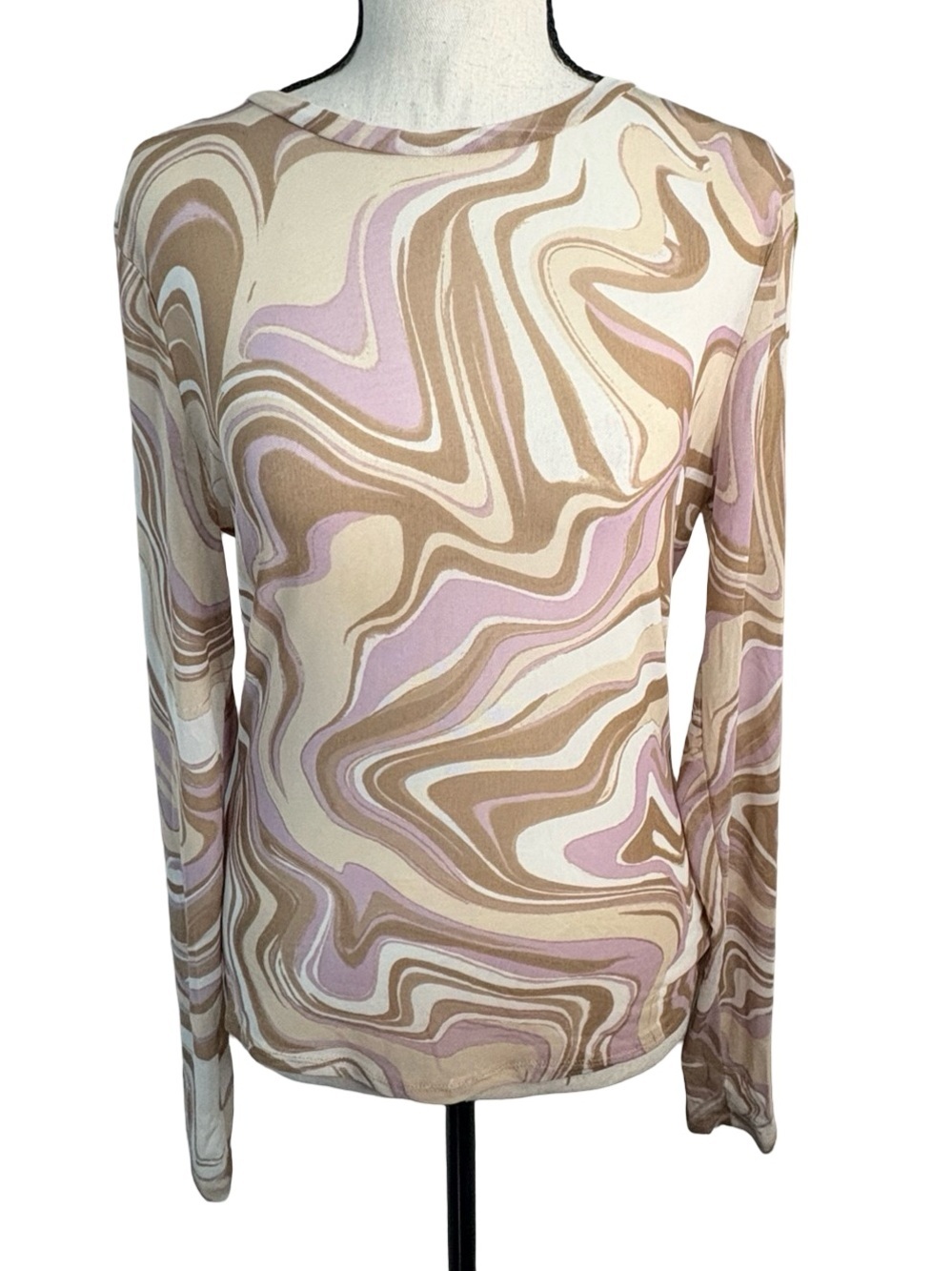 AFRM Los Angeles Swirl Mesh Long Sleeve Top Neutral Print Large